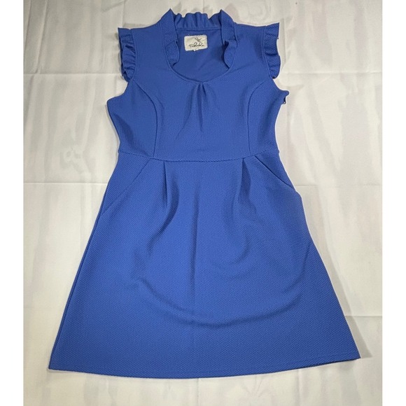 Anthropologie Tabitha Blue Ruffle‎ Neck A-Line Dress W/ Pockets Women's Size 12 - Picture 1 of 9